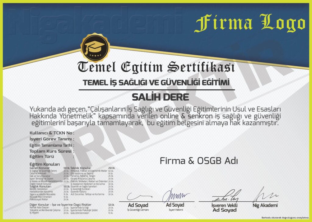 Temel İSG Eğitimi Sertifikası
